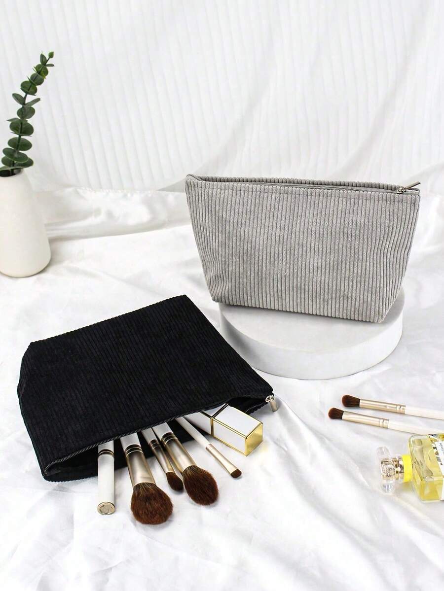 Corduroy Makeup Case With Zipper, Multicolor Organizer Case For Cosmetics, Portable For Travel And Daily Use - Blue and White - View 1