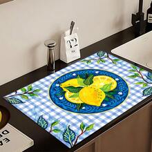 1pc, Home Decor, Lemon Plaid Pattern Printed Dish Drying Mat, Coffee Machine Absorbent Mat, Sink Drain Mat, Cup Absorbent Mat, Kitchen Supplies, Bathroom Supplies, Kitchen Countertop Decor - Multicolor - View 5