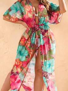 Women's Colorful Floral Print Beach Cover-Up With Tie Waist Vacation Summer - Multicolor - View 4
