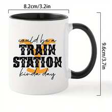 Nueva TAZA DE CAFÉ DE CERÁMICA DE 11oz ESTACIÓN DE TREN - Reutilizable, Aislada, Taza de Viaje, Lavar a Mano Solamente - Perfecta para Amantes del Café, Hombres y Mujeres, Taza en Blanco y Negro - Imagen 1 pieza - Ver 3