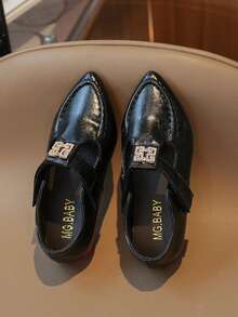 Water Drop Shaped Square Buckle Hollow T-Strap Pointed Toe Flat Loafers For Kids - Black - View 4
