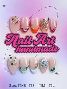 10 piezas de uñas postizas hechas a mano con forma de almendra, disponibles en nude, rojo, naranja, azul, verde, con puntas francesas de bloques de color y decoraciones de strass de colores, adecuadas para mujeres y niñas, perfectas para fiestas, ocasiones de baile y uso diario. Viene con un juego de herramientas, un gran regalo para suministros de uñas de mujer y uñas postizas hechas a mano - Multicolor - Ver 1