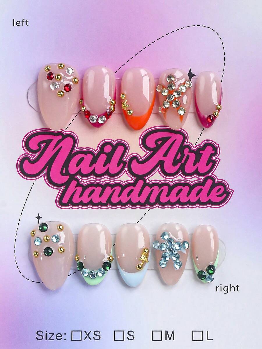 10 piezas de uñas postizas hechas a mano con forma de almendra, disponibles en nude, rojo, naranja, azul, verde, con puntas francesas de bloques de color y decoraciones de strass de colores, adecuadas para mujeres y niñas, perfectas para fiestas, ocasiones de baile y uso diario. Viene con un juego de herramientas, un gran regalo para suministros de uñas de mujer y uñas postizas hechas a mano - Multicolor - Ver 1