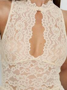 Elegant White Sheer Hollow Out Lace Sleeveless Halter Top For Women, Perfect For Party Nights And Stylish Outfits - 白色 - 查看 8