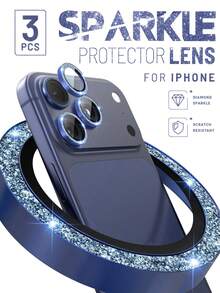 3pcs (Deep Blue) 17 Pro/ 17 Pro Max Camera Lens Protector, Glossy 9H Tempered Glass Lens Cover Screen Protector, With Metal Ring Decorative Accessory, Compatible With Phone Cases - Navy Blue - View 1