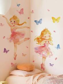 1pc Ins Gentle Dreamy Ballet Princess Wall Sticker, Butterfly Crown Watercolor Girl Design, Removable Self-Adhesive Wall Decal For Girls Bedroom - Wall Stickers - View 9