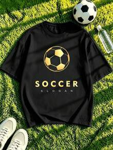 Camiseta gráfica de fútbol para hombre, color negro y dorado, de algodón suave, estilo urbano hip-hop, cómoda, resistente, dise?o gráfico. - Negro - Ver 1