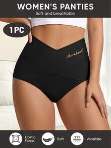 MIOTAN 1pc Women's Mid-High Waist Panties, Cross Strap Design, Solid Color, Tummy Control, Elastic, Shaping, Snug Fit, Soft, Breathable - Black - View 5