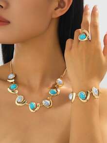 1 Set/3pcs Elegant Fashion Creative Design Metal Symbol Inlaid Faux Stone Necklace + Bracelet + Ring Women's Jewelry Set - Multicolor - View 6
