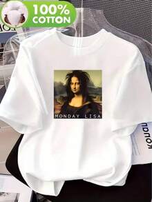 Camiseta suave 100% algodón para mujer, diseño casual; estampado de la Mona Lisa; suave y transpirable; cuello redondo holgado, manga corta; corte ligeramente fuera del hombro; cómoda y fres - Blanco - Ver 2
