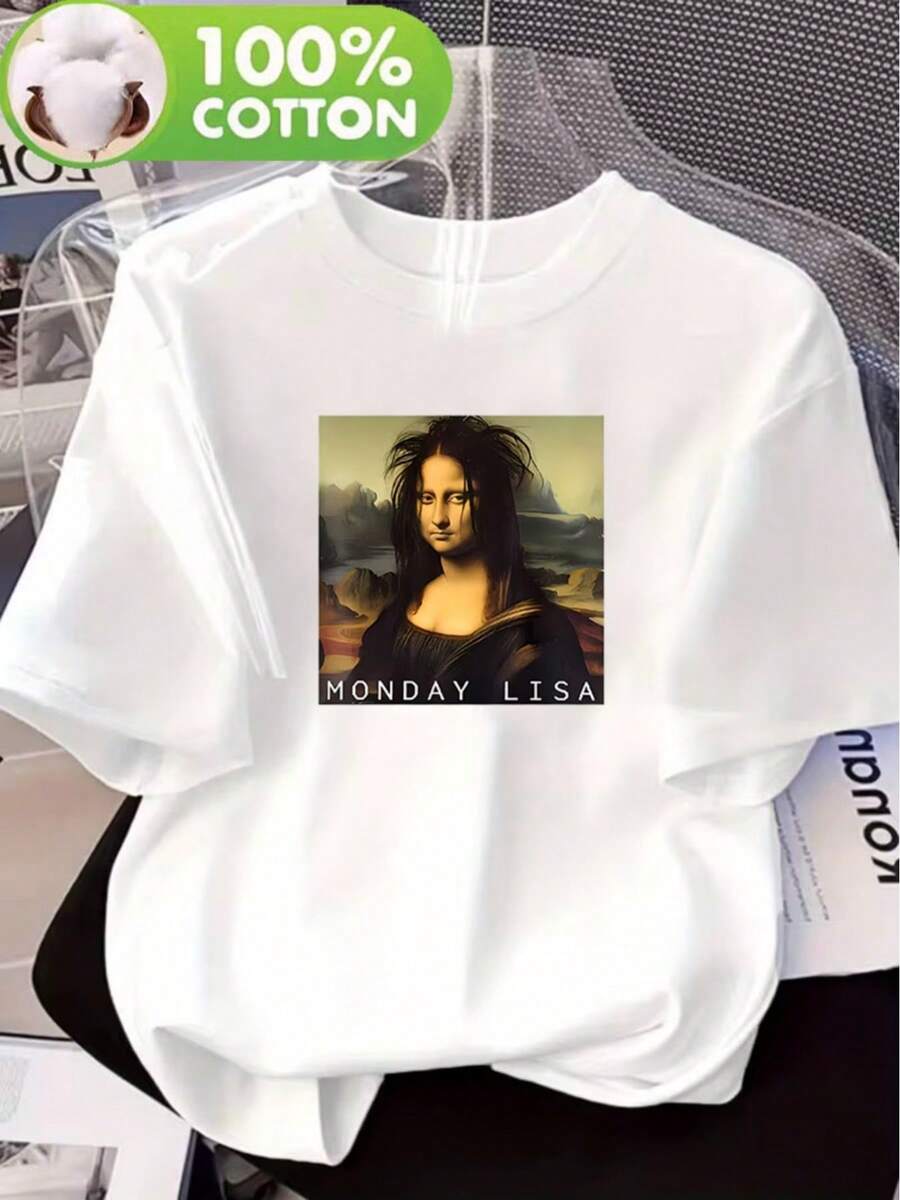 Camiseta suave 100% algodón para mujer, diseño casual; estampado de la Mona Lisa; suave y transpirable; cuello redondo holgado, manga corta; corte ligeramente fuera del hombro; cómoda y fres