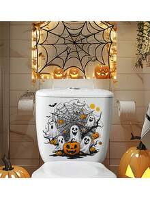 1pc Halloween Ghost & Pumpkin Toilet Sticker, Bathroom & Restroom Wall Decal, Self-Adhesive Waterproof Scratch-Resistant No Residue, Suitable For Home Decor, Holiday Party Decoration And Gift - one-size - View 3