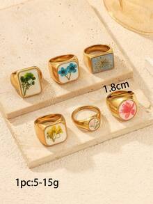 1pc Vintage Resin Dried Flower Stamp Ring For Women, 18K Gold Plated Stainless Steel Wide Band, Multiple Square & Oval Real Pressed Flower Designs, Niche Gentle Commute Vacation Versatile Gift Jewelry Piece, Dried Flower Shapes Vary And May Not Be Exactly Like The Image, Slight Variations (No Two Leaves In The World Are Exactly The Same) - Yellow Gold - View 4