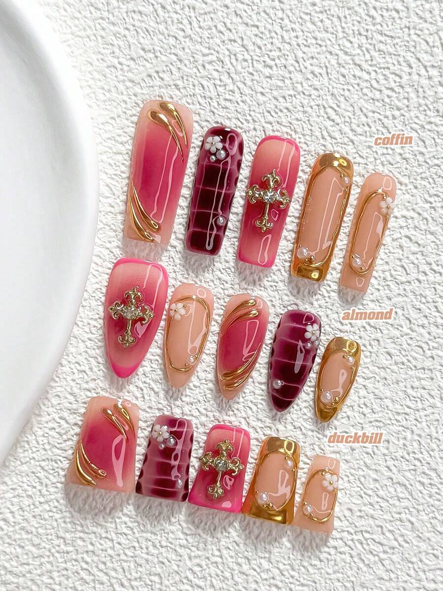 10Pcs Luxurious Heiress Style Handmade Press On Nail,Polygel Nail Set,Cross, Small Flower, Pink And Gold Nail Polish,Gentle And Refined Style,Includes Nail Tools,3 Sizes Available,Almond Nails , Duck Nails,Coffin Nails For Party, Dance, Daily Wear. - 彩色 - 查看 1
