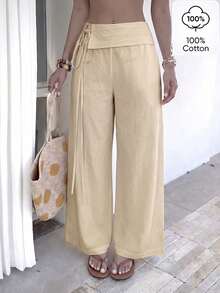 Pantalones Casuales de Color Sólido con Cintura Ajustable - Caqui - Ver 1