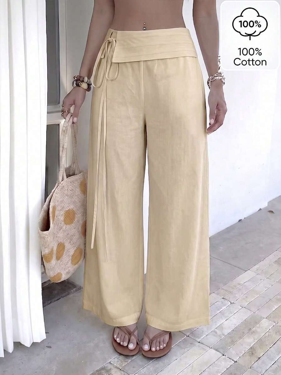 Pantalones Casuales de Color Sólido con Cintura Ajustable - Caqui - Ver 1