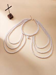 1pc White Faux Pearl Tassel Shoulder Chain Elegant Body Chain Unique Exquisite Suitable For Women To Wear At Banquets And Parties, Perfect For Beach Vacation Photos - Multicolor - View 4