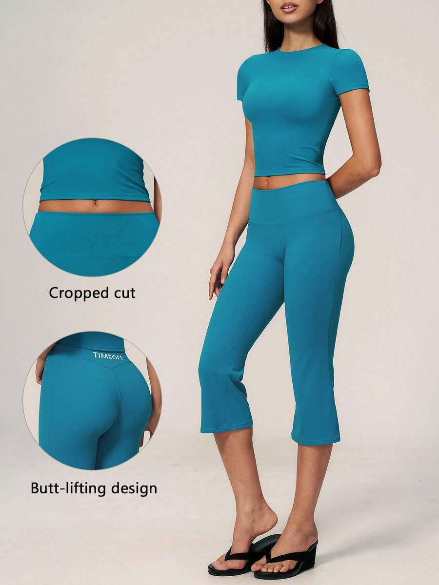 TimeOff Conjunto deportivo de mujer de un solo color con cuello redondo, manga corta, pantalones acampanados de largo medio - Agua verde azul - Ver 1