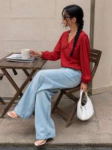 Women's Autumn New Vintage Red Striped Shirt, Puff Sleeve Long Sleeve, Ruffle Peter Pan Collar, Suitable For Daily Wear, Shopping, Dating, Gathering, Travel, Street Style - Red - View 5