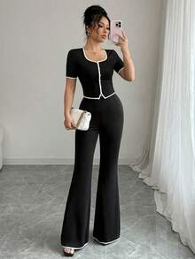 Conjunto de 2 Piezas para Mujer: Top de Cuello Redondo y Manga Corta con Pantalón Largo en Color Sólido - Negro - Ver 8