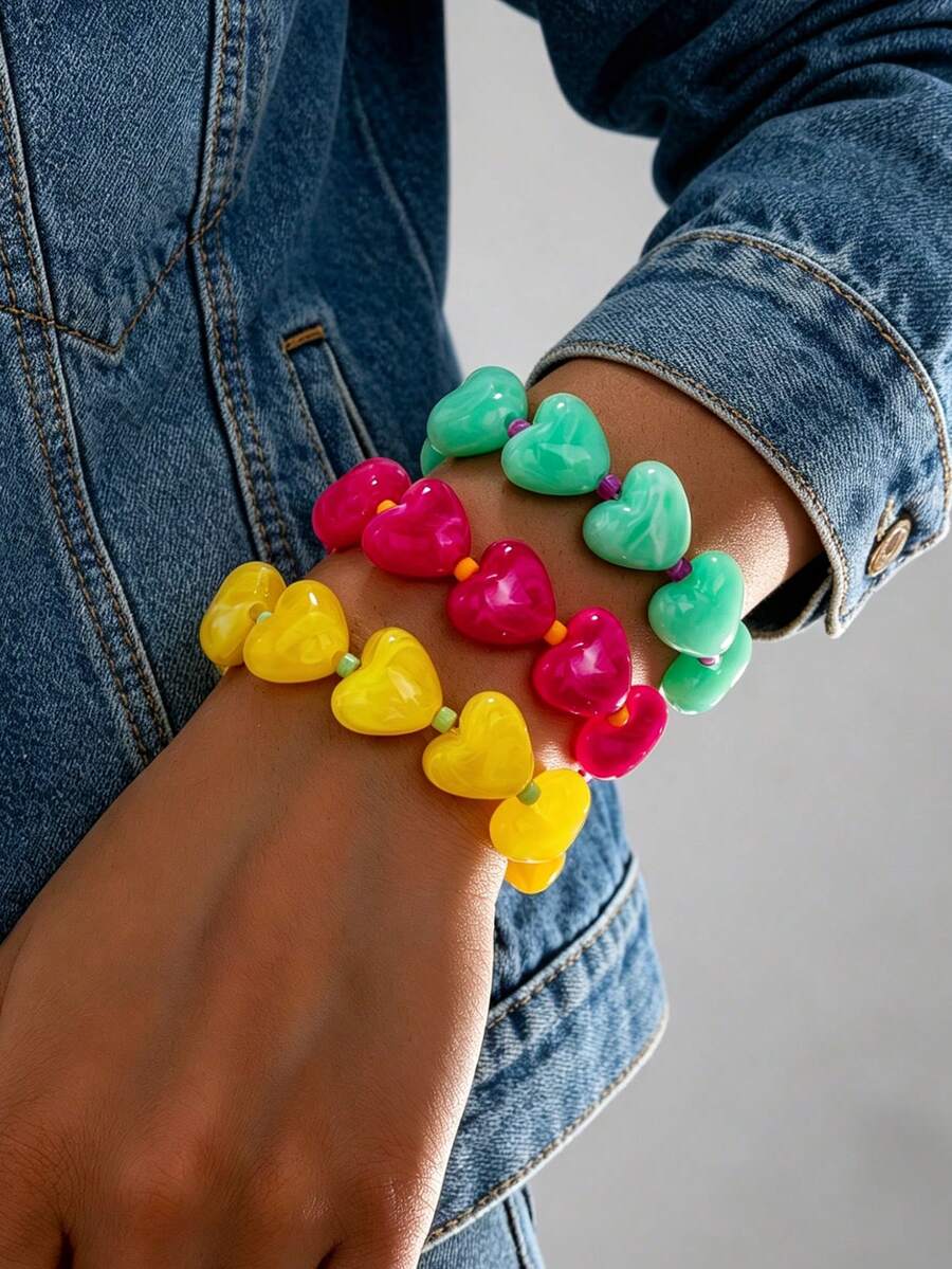 1pc/3pcs Dopamine Heart Resin Acrylic Bracelet, Sweet Beach Vacation Stackable Hand Jewelry - Beaded Bracelet - View 1