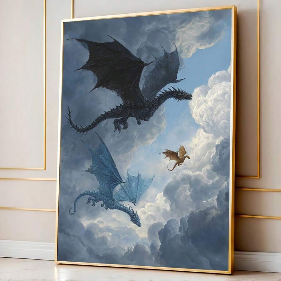 2D Plat, 2D Plat, 1 pièce Art mural sans cadre, présentant un thème confortable et rêveur avec un dragon volant, parfait pour le style Dark Academia. Cette impression sur canevas minimaliste met en valeur les ailes de Basgat Iliria, décoration idéale pour les amateurs de livres et les chambres d'étudiants - F - Voir 1