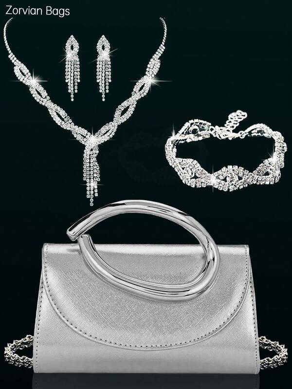 Bộ trang sức dạ tiệc đính đá rhinestone cao cấp 4 món gồm dây chuyền mặt đá lấp lánh, bông tai, vòng tay, ví cầm tay clutch mini hộp trang trí kim loại phong cách thời trang Âu Mỹ, vân sang trọng thanh lịch, phù hợp phối cùng váy dạ hội cho tiệc tùng, đám cưới, khiêu vũ và tiệc tối
