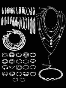 68/58/40/35pcs Chunky, Vintage, Boho, Elegant Style Geometric Ribbon Heart Butterfly Faux Pearl Rhinestone Shiny Twisted Braided Cross Wrapped Multi-Layer Square Star Moon Tassel Pendant Chain Snake Bone Chain Braided Chain Minimalist Plain Chain Wave Metal Style Multi- Necklace + Earrings + Ring + Bracelet Jewelry Set Fashion Simple Exquisite Vintage Design Holiday Vacation Party Date Gift Daily Commute Wear - Silver - View 4