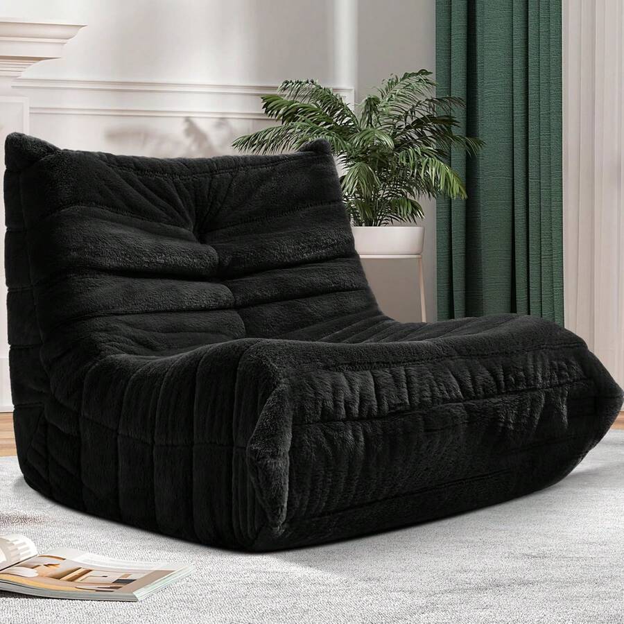 Silla de Puf con Sofá Grande, Silla de Frijoles para Adultos, Silla de Fuego con Relleno de Espuma Viscoelástica para Salón, Apartamento o Lugar de Juegos (Khaki Teddy) - Negro - Ver 1