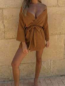 Plus Size Muslin Belted Kimono – Lightweight Relaxed Fit Beach Cover Up Robe - Coffee Brown - View 4