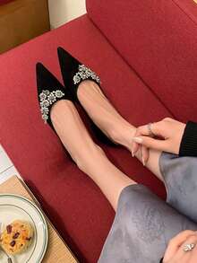 French Style Elegant Black Rhinestone Floral Pointed Toe Flat Shoes, Spring/Autumn Delicate Sparkling Rhinestone Decor Shallow Slip-On Pumps, Suitable For Annual Meeting, Banquet, Commute, Wedding, Mature Elegant Women's Shoes - Black - View 2