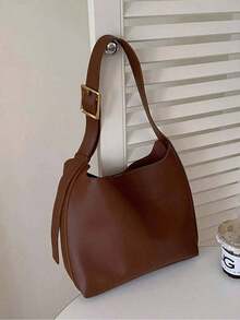 Women's Vintage Large Capacity Tote Bag, PU Leather Hobo Shoulder Purse, Minimalist Handbag For Work, Travel & Daily Use - 咖啡棕 - 查看 4