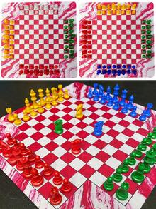 橡膠 4 人對弈棋盤套組 13.7 英吋，附紅色大理石紋可捲曲棋盤，64 件 Staunton 塑膠棋子（透明、純色）– 適合多人策略與益智遊戲、家庭聚會及禮品 - 彩色 - 查看 4