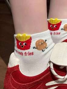 1/4 Pair White American Fast Food Cartoon Food Women's Mid-Calf Socks, Hamburger Pizza Fries Letter Ribbed, Food & Drink Cartoon, Cute & Fun, Minimalist Cute Style, Comfortable Collegiate Style, Suitable For Home, Daily, Party Occasions, Suitable For Outdoor, Family Wear, Suitable For Holiday Gift Occasions - White - View 4