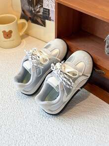 1 Pair Girls' Sports Shoes 2026 Spring/Autumn New Style Dual-Color Shoelaces Bow Pattern Red Training Shoes Soft Sole Non-Slip - Beige - View 2