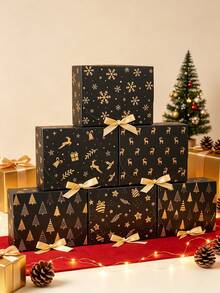 6pcs Christmas Gift Boxes With Ribbons, Black & Gold Christmas Gift Packaging Boxes, Christmas Snowflake Reindeer Snowman Penguin Design Christmas Gift Boxes, Christmas Party Small Gift Boxes, Christmas Gift Packaging Supplies, Home Christmas Decor, Christmas Gifts, Winter Holiday Decor, Seasonal Packaging, Christmas Party Supplies, Christmas Decor, Room Decor, 2027 New Year Decor, Christmas Decor - Christmas Black Gold - View 2