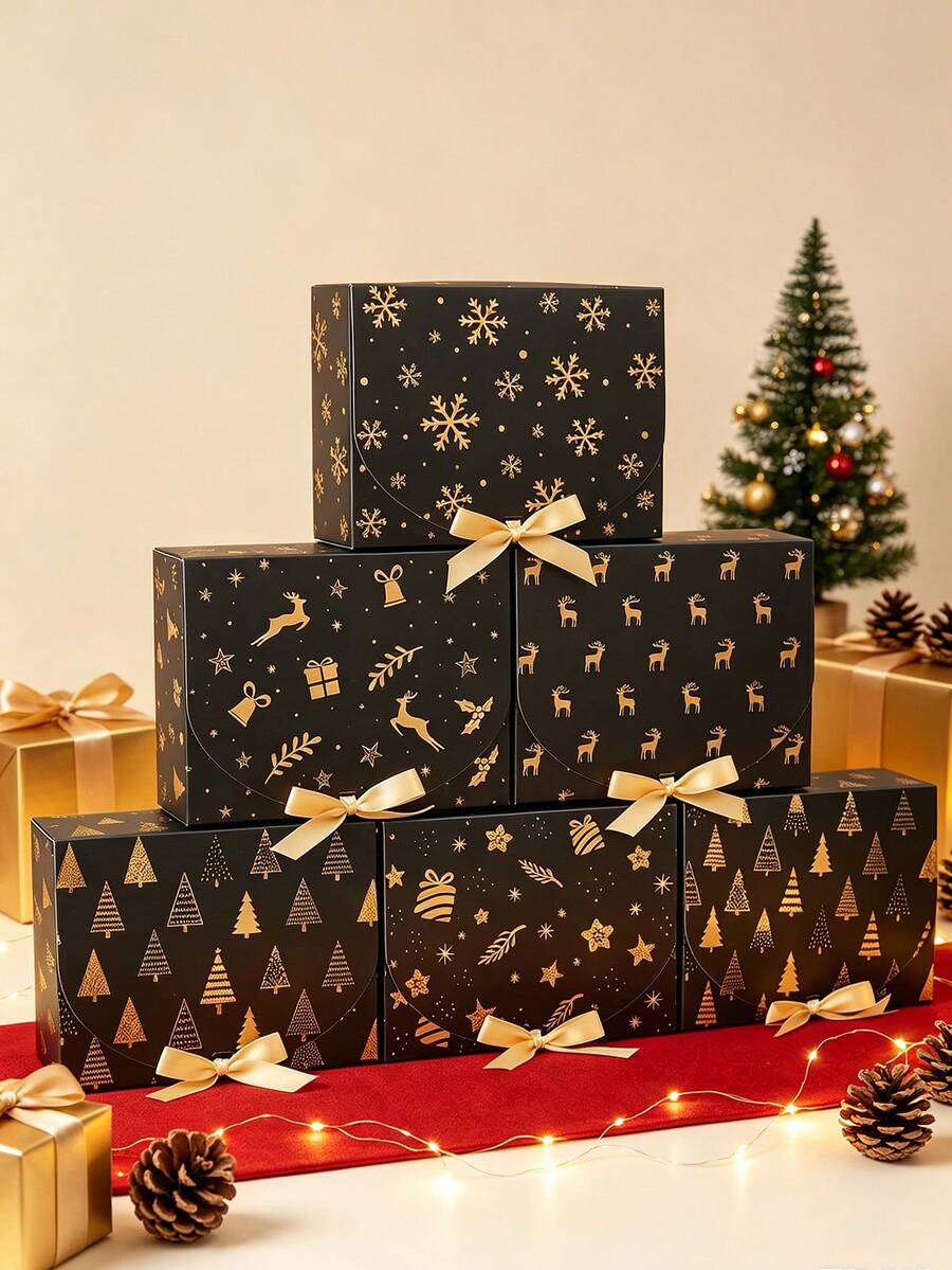 6pcs Christmas Gift Boxes With Ribbons, Black & Gold Christmas Gift Packaging Boxes, Christmas Snowflake Reindeer Snowman Penguin Design Christmas Gift Boxes, Christmas Party Small Gift Boxes, Christmas Gift Packaging Supplies, Home Christmas Decor, Christmas Gifts, Winter Holiday Decor, Seasonal Packaging, Christmas Party Supplies, Christmas Decor, Room Decor, 2027 New Year Decor, Christmas Decor