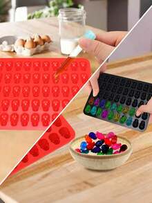 50/100 Cavity Skull Mold, Multi-Grid 3D Skull Shape, Red And Black Dual-Color Silicone Tray, Mold Matching Silicone Dropper Set, Multi-Functional High-Temperature Resistant Non-Stick Easy Release Easy Clean Reusable Chocolate, Cake, Soap And Ice Cube Mold, Suitable For Making Cakes, Candies, Soaps, Jellies, Puddings And Party Snacks - Multicolor - View 6