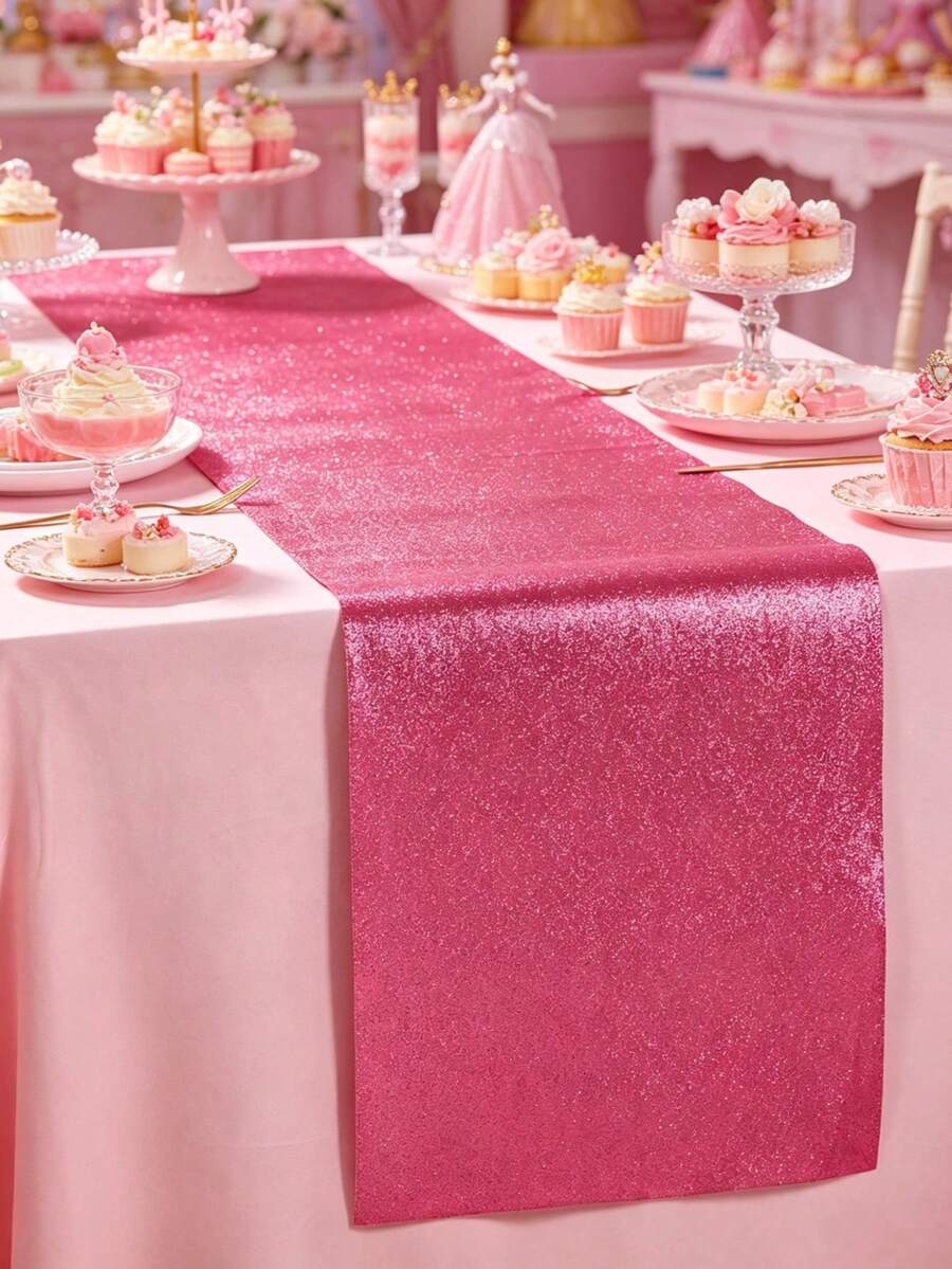 1pc Hot Pink Glitter Table Runner, 180*35cm Party Decoration Table Runner, Wedding Table Decoration Glitter Tablecloth, Hot Pink Party Decoration, Hot Pink Princess Girl 1st Birthday Party Decoration, Gender Reveal Decoration, Baby Shower Decoration, Hot Pink Party Background Decoration, Hot Pink Ceremony Decoration Table Centerpiece, Baby Party Decoration, Hot Pink Birthday Party Supplies - Flashing Table Runner - View 1