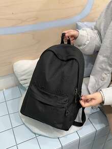 1pc Solid Color Large Capacity Fashion Women's Classic Student Backpack, Versatile Commuter Multi-Pocket Backpack With 3D Bow Pattern, Suitable For Girls Travel - Black - View 3