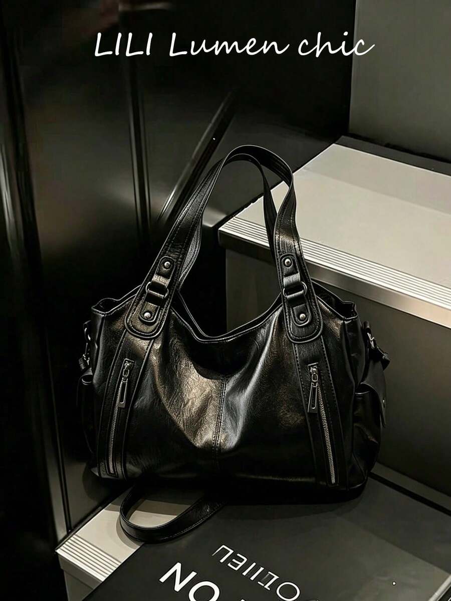 This Is A Stylish And Versatile Shoulder Bag. It Has A Large Capacity, A Solid Color Design, And Is Made Of Vintage PU Material. A Perfect Choice For Going To Work, With An Ape - 黑色 - 查看 1