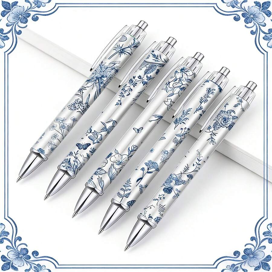 5PCS Blue & White Porcelain Pens Black Ink Set, Smooth Writing, Retractable Ballpoint Pens, Suitable For Journaling, Aesthetic Office Supplies (Blue & White Porcelain Pens) - Sets - View 1