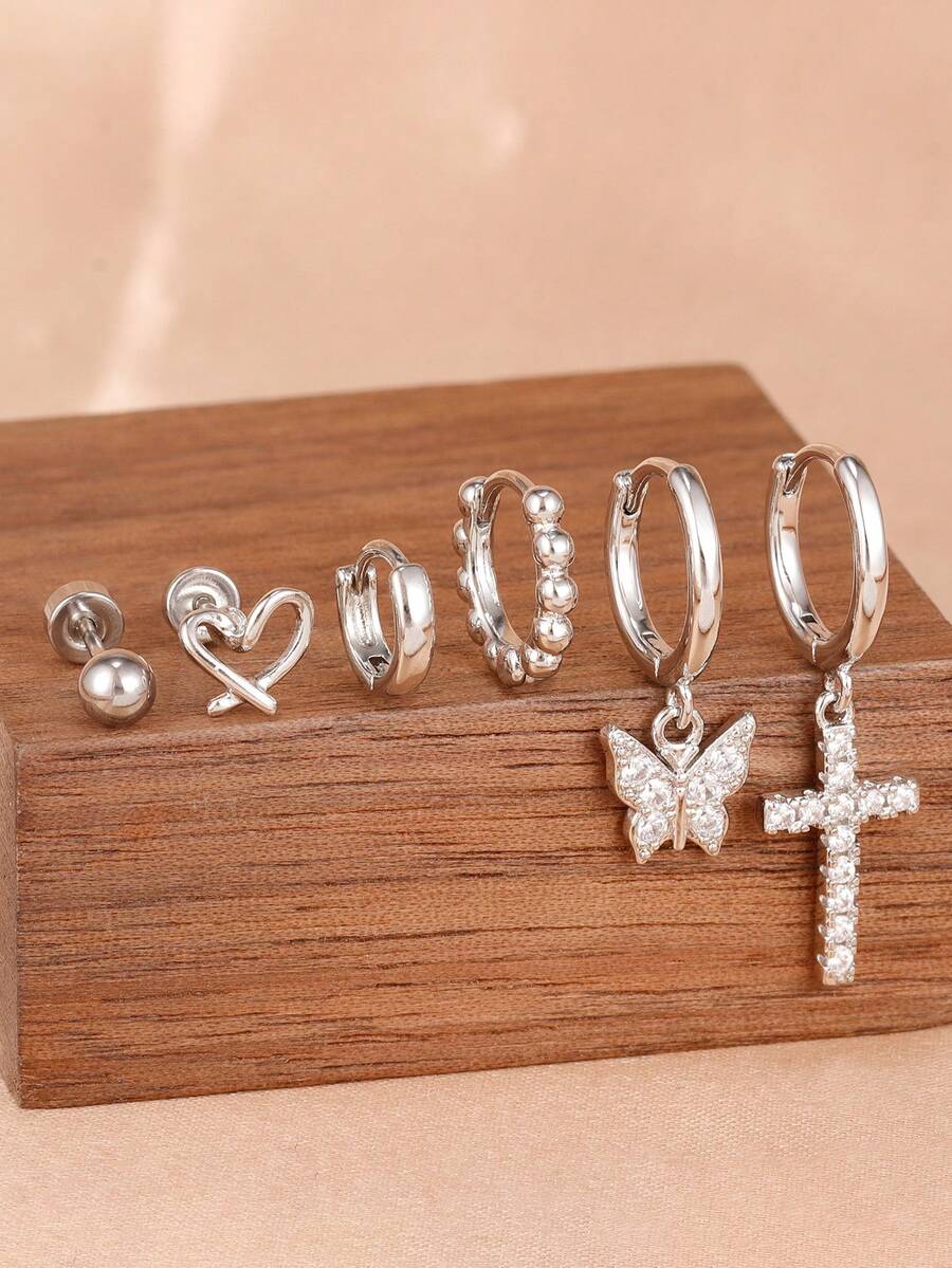 6PCS Cross Dangle Earrings For Women Stainless Steel Heart-Shaped Zirconia Spiral Ear Stud Fashion Temperament Aesthetic Jewelry - 6PCS-silver - View 1