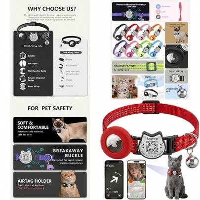 QR Code And AirTag Breakaway Reflective Waterproof Cat Collar With Bell Smart Scan Pet ID Tag And Built-In Apple AirTag Holder Adjustable Safety Collar For Indoor/Outdoor Cats -Red
