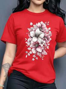 Women's Graphic T-Shirt, Short Sleeve, Round Neck, Basic, Comfortable, Cool, Lightweight, Modern, Youthful, Feminine, Floral Print, Lily, Leaves, 3D - 紅色 - 查看 7