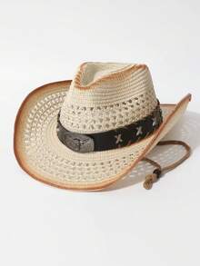 Unisex Gradient Hollow Western Cowboy Straw Hat Wide Brim Sun Hat With Bull Head Buckle X Rivets Wind Chin Strap Vintage Outdoor Beach Fedora Hat - Permed Straw Hat X Cow - View 3