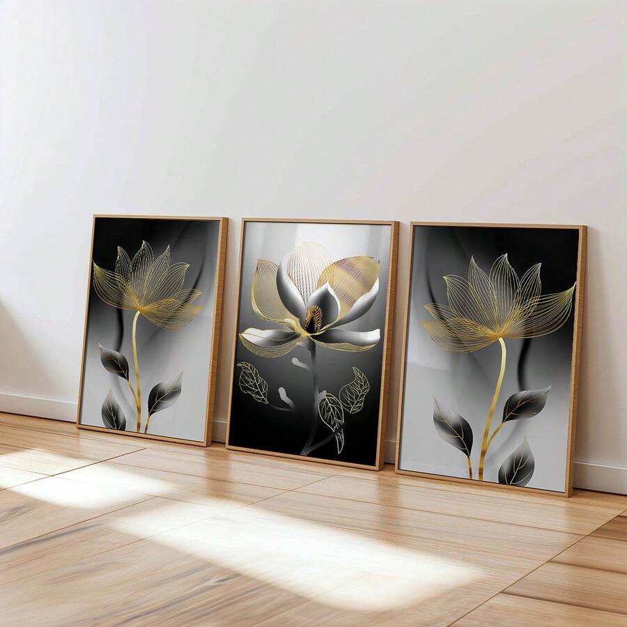 3pcs Set Unframed Modern Luxury Floral Canvas Prints, Abstract Botanical Wall Art For Living Room, Minimalist Aesthetic Flower Posters For Bedroom, Unframed Rolled Canvas Painting (No Frame Included) - A - View 1