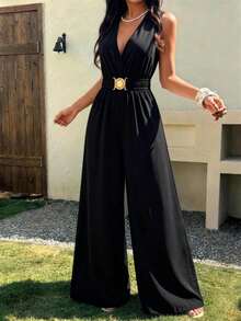 Summer Minimal Women's Wide Leg One Piece Jumpsuit,Gold Buckle Elastic Waist Sleeveless V-Neck For Wedding,Daily,Office,Weekend,Party,Beach,Vacations - Black - View 1
