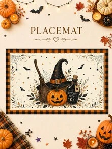 1 Set-Halloween Linen Table Runner And Placemats Set, Witch Hat Pumpkin Bat Spider Web Buffalo Plaid Dining Table Decor, Fall Kitchen Table Decorations For Farmhouse Home, Halloween Party, Holiday Dinner And Spooky Home Decor - Multicolor - View 13