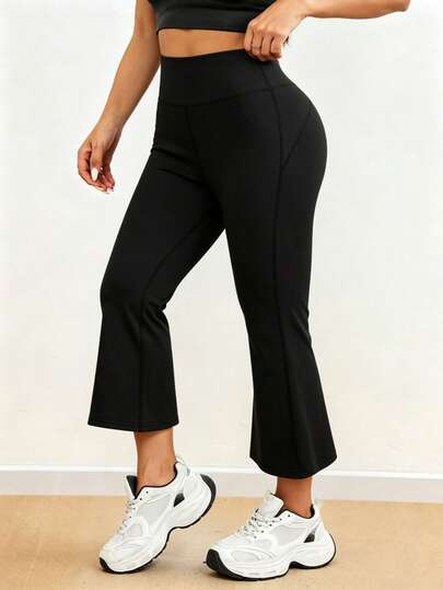 1pc Plus Size Women's 7/8 Yoga Flare Leggings, Contrast Stitching Design, Slim Fit Flattering, Solid Color Versatile Sports Pants For Fitness, Workout And Yoga